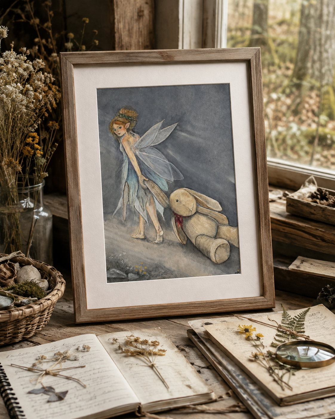 Framed Oona and the Rabbit fairy art print in a tender cottage bedroom keepsake corner with a wooden trunk and folded quilt.