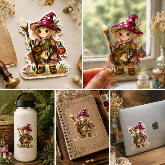 Collage of the Cottage Witch sticker in white and clear versions shown on a water bottle, notebook, and laptop in cozy cottagecore settings