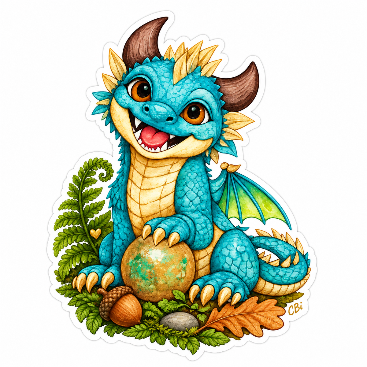 Teal dragon Brightwing with an orb, fern, acorn, leaf and small gold heart.