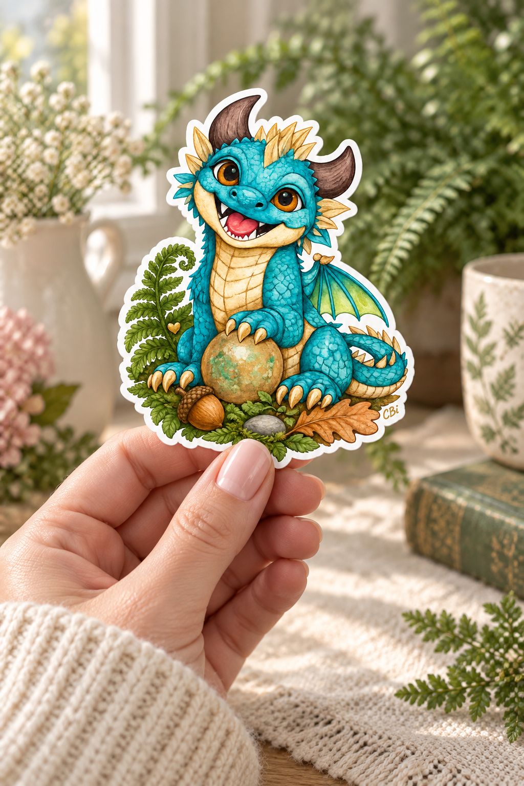 Brightwing’s Tiny Treasure sticker held as a single sticker in a hand with a cream knit sleeve, with its gold heart detail.