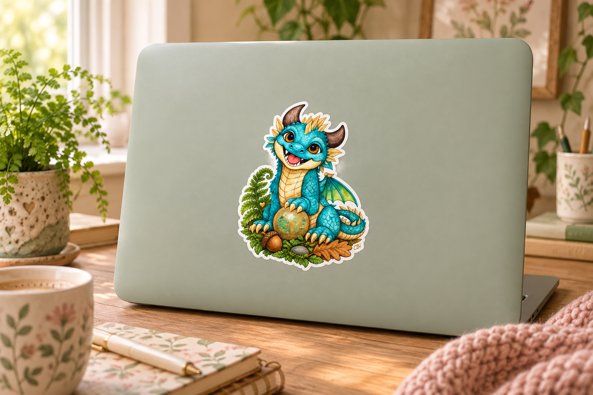 Brightwing’s Tiny Treasure sticker on a full-size laptop in a softly lit cottage-style workspace, with its gold heart detail.