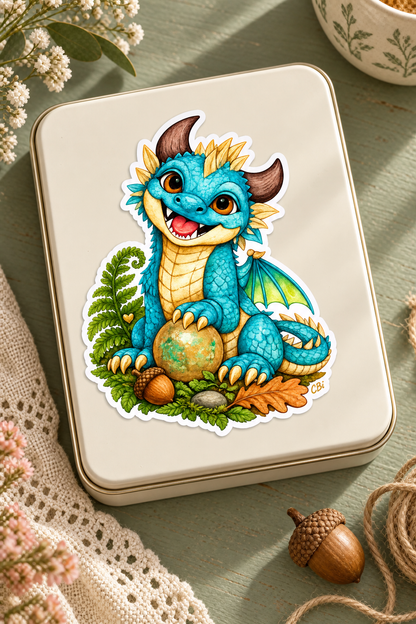 Brightwing’s Tiny Treasure sticker on a cream stationery tin in a styled overhead view, with its gold heart detail.