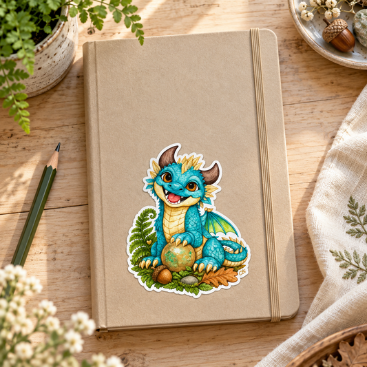 Brightwing treasure sticker on a sand-colored sketchbook beside a pencil and fern.