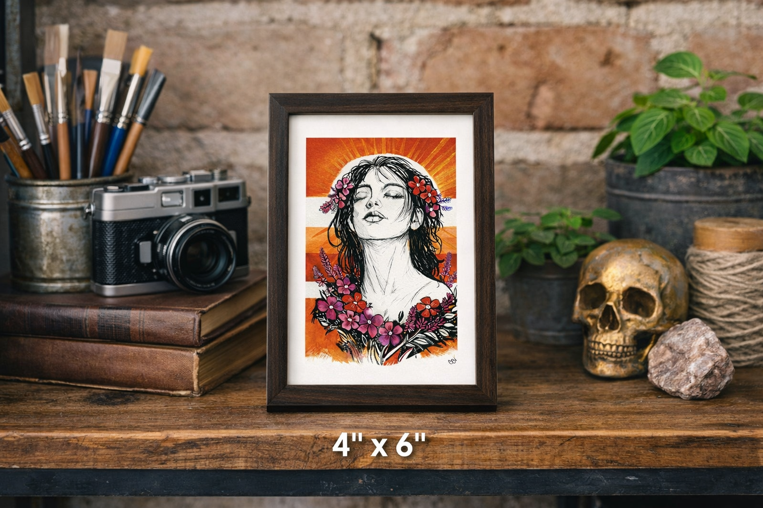 Radiant Peace fine art print shown in a dark wood frame on a studio shelf, 4 by 6 inches