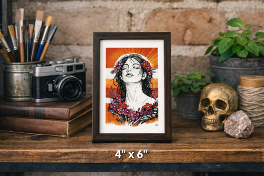 Radiant Peace fine art print shown in a dark wood frame on a studio shelf, 4 by 6 inches