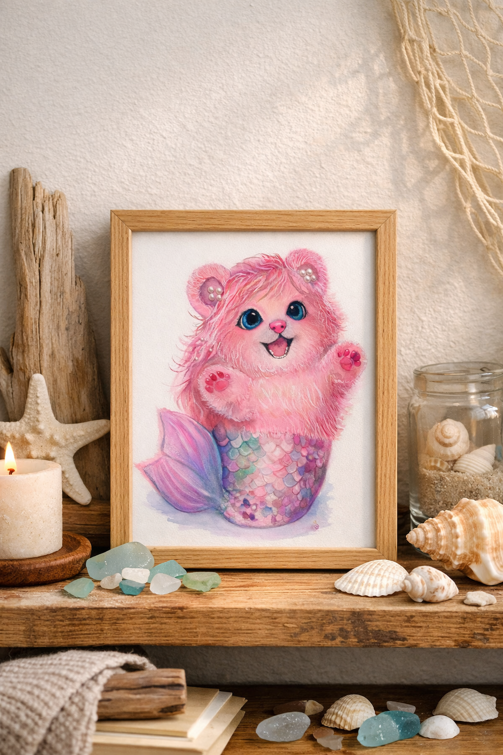 Pearl Mermaid Bear | Whimsical Fantasy Art Print