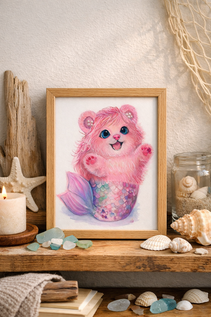 Pearl Mermaid Bear | Whimsical Fantasy Art Print