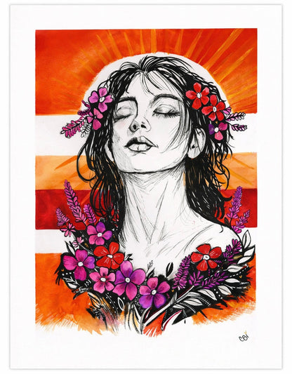 Radiant Peace – original ink and watercolor portrait of a woman with flowers in her hair against a warm orange striped background, by CB Icore