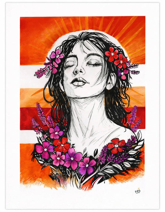 Radiant Peace – original ink and watercolor portrait of a woman with flowers in her hair against a warm orange striped background, by CB Icore