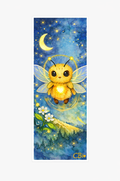Moonbee bookmark art print — golden bee creature with glowing heart, starry night sky, CBi signed