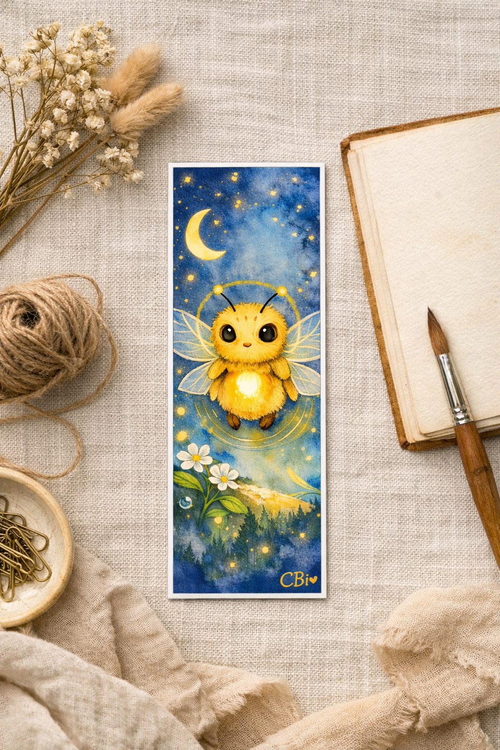 Moonbee art bookmark displayed on linen with dried flowers and paintbrush — Pigments & Press