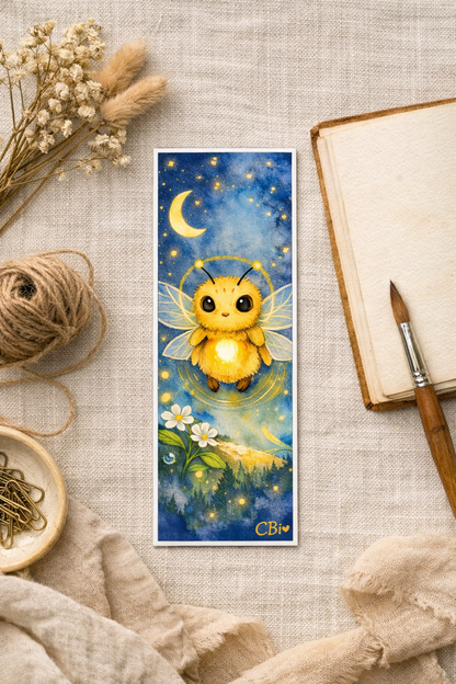 Moonbee art bookmark displayed on linen with dried flowers and paintbrush — Pigments & Press