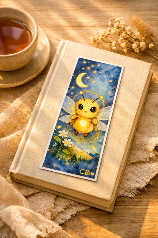 Moonbee bookmark resting on a book beside a cup of tea — cozy fantasy art by CB Icore
