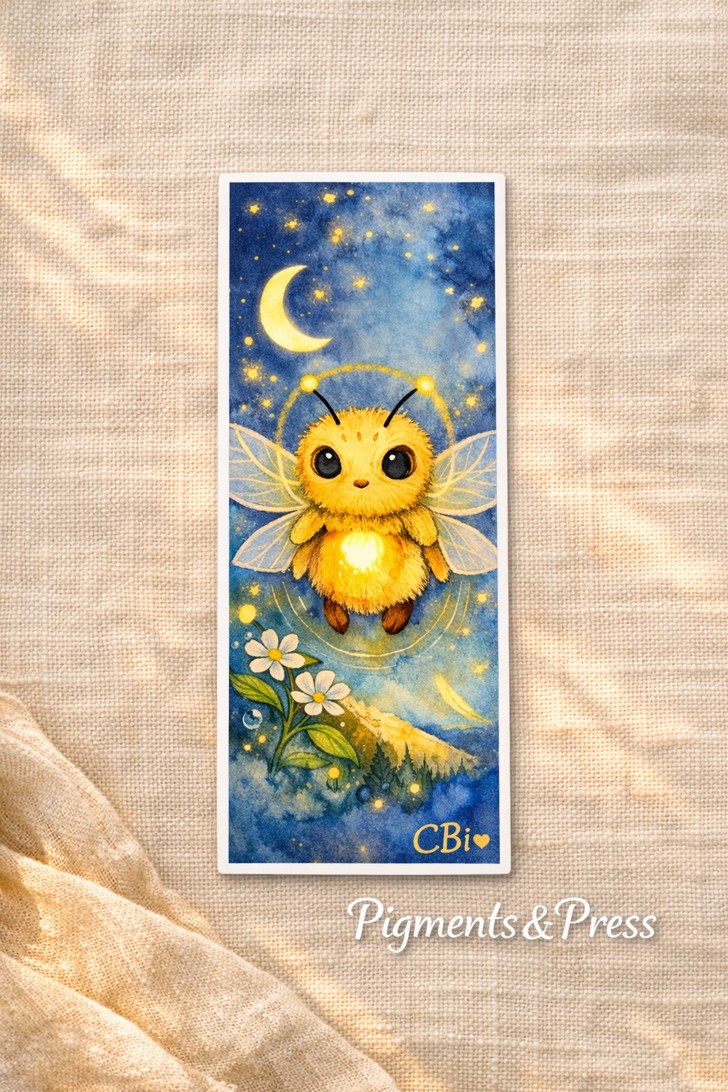 Moonbee art bookmark — glowing golden bee spirit under crescent moon with daisies, Pigments & Press