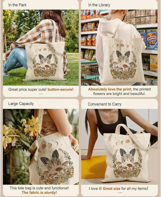 Midnight Mushroom & Butterfly Cotton Tote