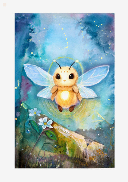 Watercolor artwork of a Glowmorrow, a small golden light spirit with delicate wings against a blue and green woodland background.