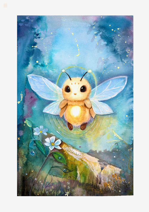 Watercolor artwork of a Glowmorrow, a small golden light spirit with delicate wings against a blue and green woodland background.