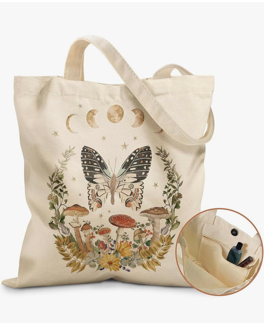 Midnight Mushroom & Butterfly Cotton Tote