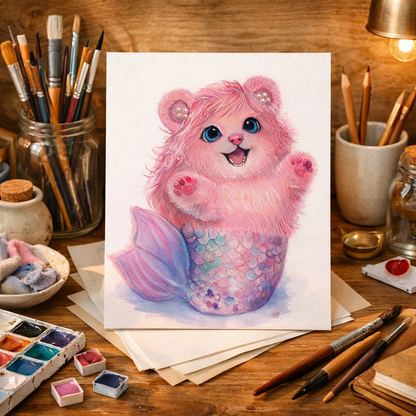 Pearl Mermaid Bear | Whimsical Fantasy Art Print