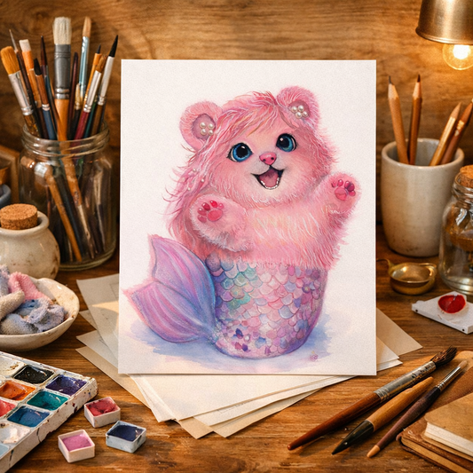 Pearl Mermaid Bear | Whimsical Fantasy Art Print