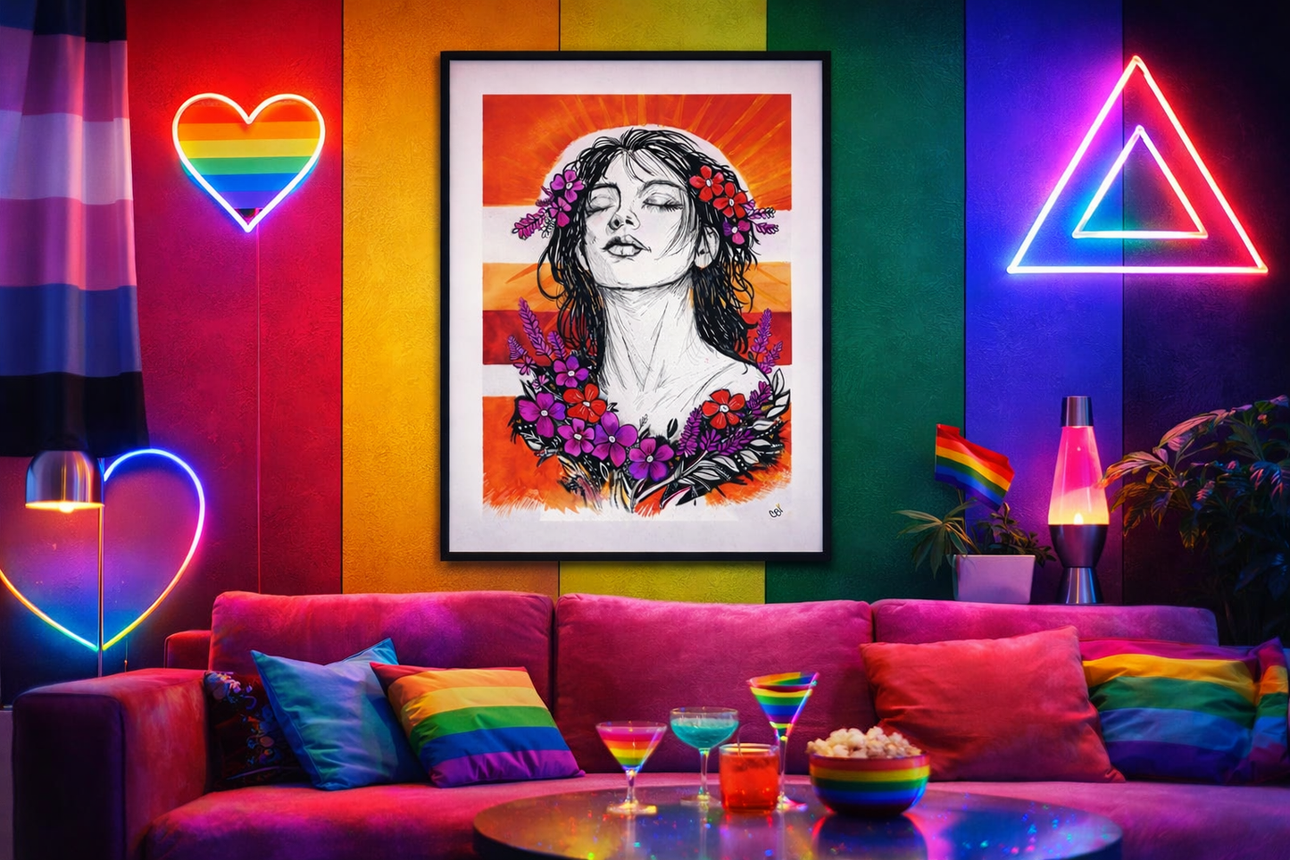 Radiant Peace print displayed in a vibrant neon-lit living room with pride flags