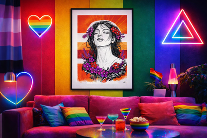 Radiant Peace print displayed in a vibrant neon-lit living room with pride flags
