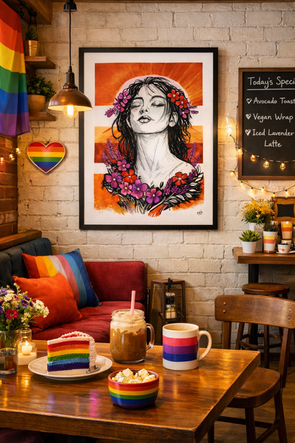 Radiant Peace print displayed large in a cozy rainbow-decorated café setting