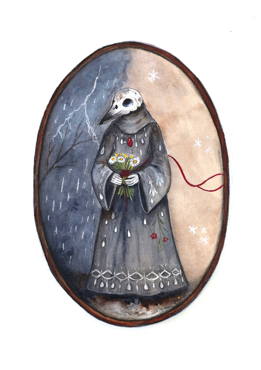 The Keeper Between Seasons watercolor artwork: a cloaked bird-skull figure holding flowers between storm and light, with a red thread and the original CBi signature.