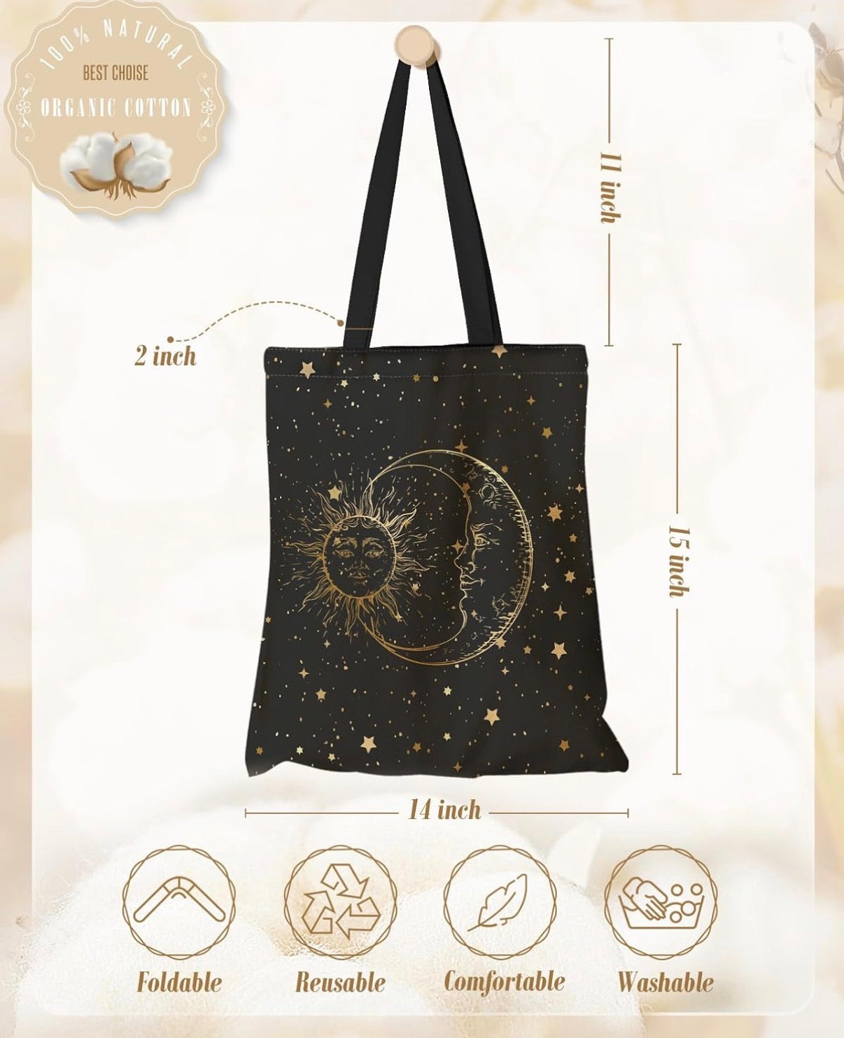 Celestial tote bag dimensions: 14 inches wide by 15 inches tall, 2 inch straps, organic cotton