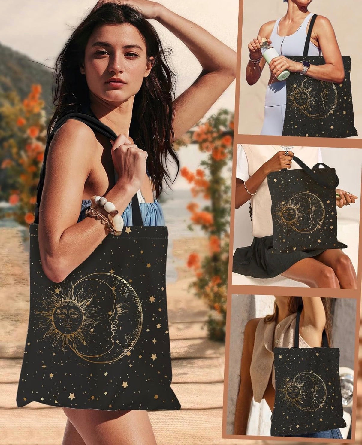 Model carrying the celestial sun and moon tote bag in multiple lifestyle shots