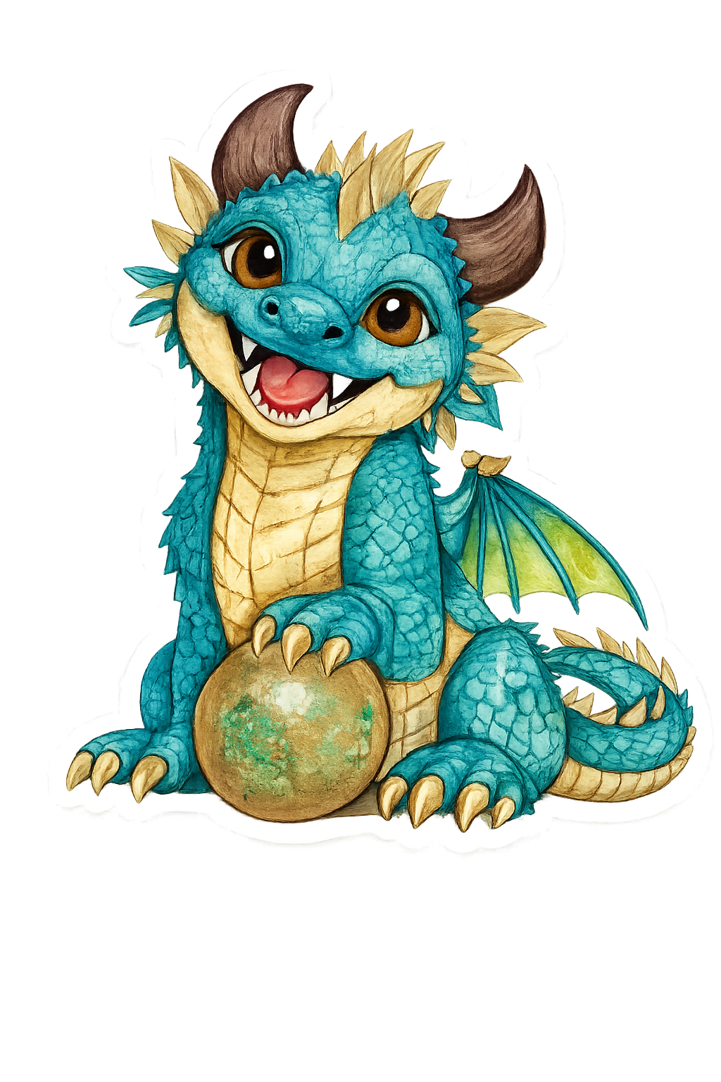 Brightwing Teal Spriggle vinyl sticker — cheerful baby forest dragon with sunflower-gold spine frills and a glowing Dawnstone orb, die-cut on white border. Original fantasy art by CB Icore.
