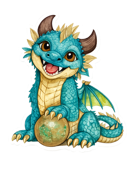 Brightwing Teal Spriggle vinyl sticker — cheerful baby forest dragon with sunflower-gold spine frills and a glowing Dawnstone orb, die-cut on white border. Original fantasy art by CB Icore.