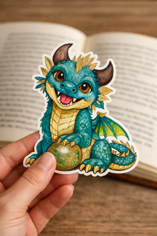 Brightwing Teal Spriggle vinyl sticker held in hand in front of an open book — glossy die-cut baby dragon sticker, original fantasy art by CB Icore.