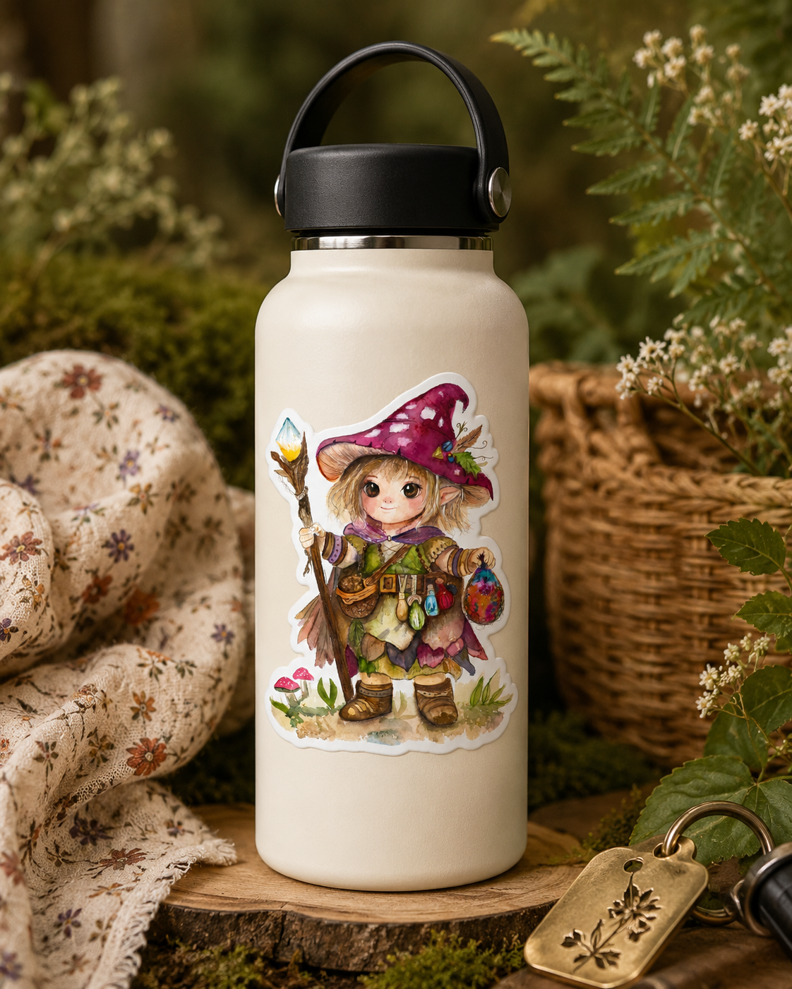 Cottage Witch vinyl sticker applied to a cream insulated water bottle surrounded by greenery and a wicker basket