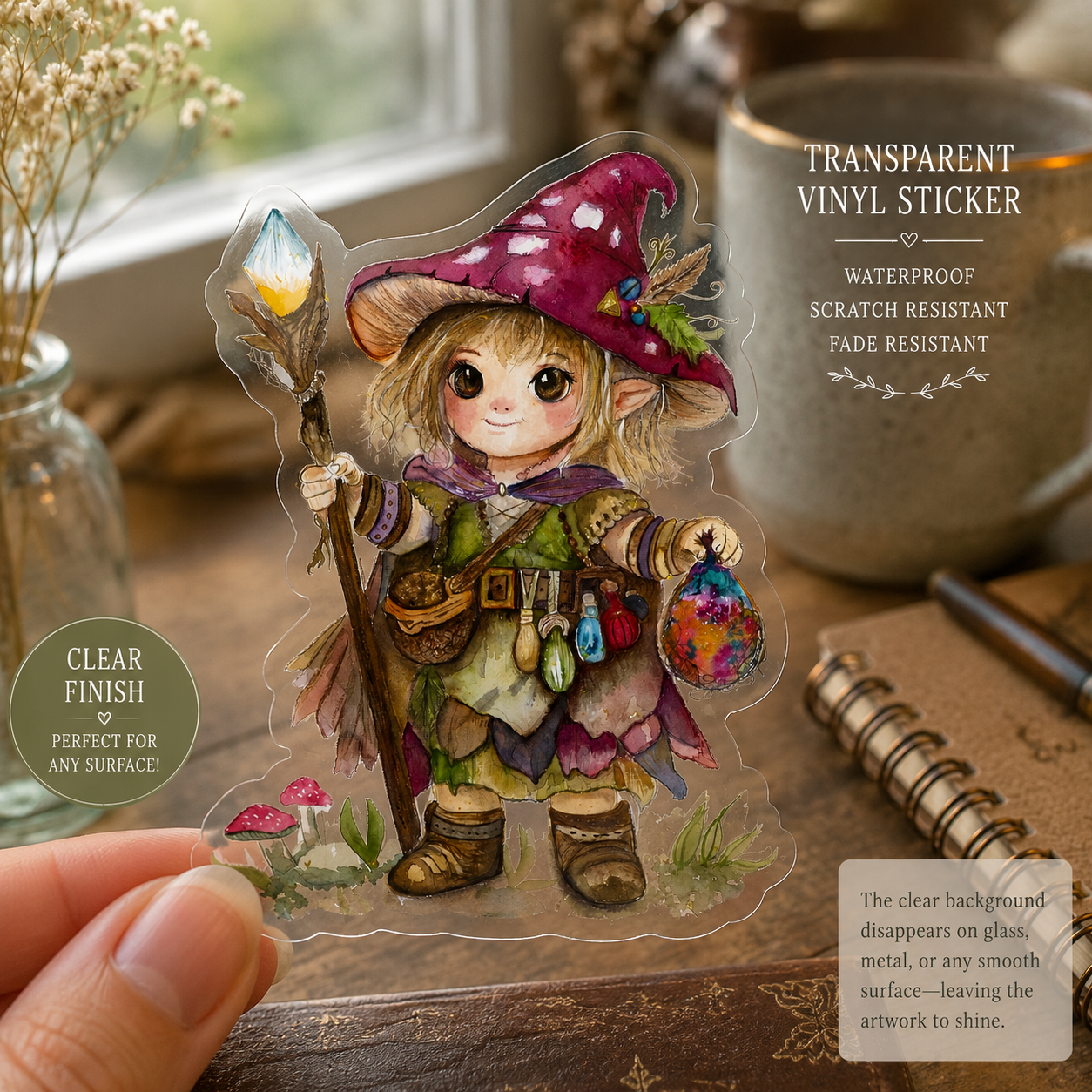 Cottage Witch transparent clear vinyl sticker held up to a window, showing the see-through background with the artwork floating on the glass