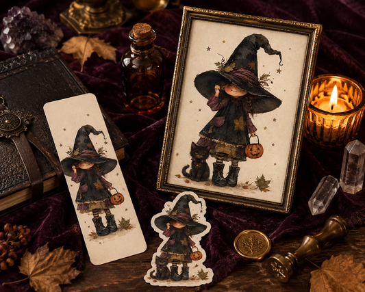 Violet's Witchy Autumn Bundle — art print, bookmark, and sticker flatlay with candle and crystals