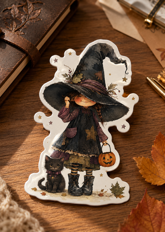 Violet witch girl with black cat die-cut sticker on wooden surface with autumn leaves