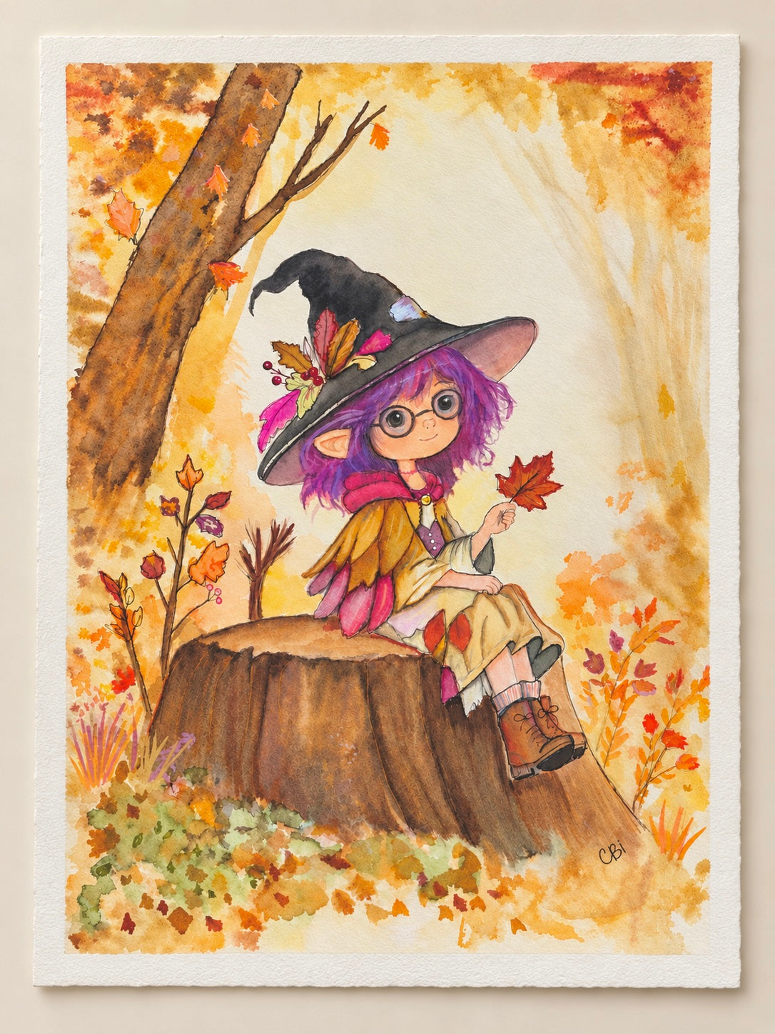 Agenes, a purple-haired witch with round glasses, sits on a tree stump holding an autumn leaf beneath golden trees.