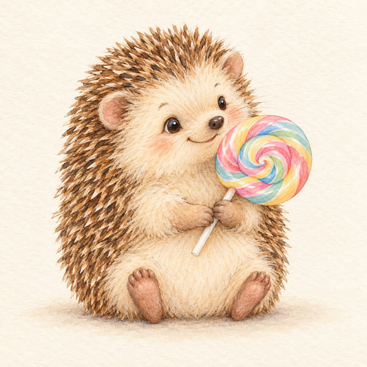 A little watercolor hedgehog holding a pastel rainbow lollipop.