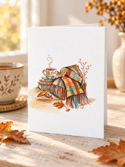 Tea, books, and patchwork blankets greeting card in a cozy autumn tabletop scene
