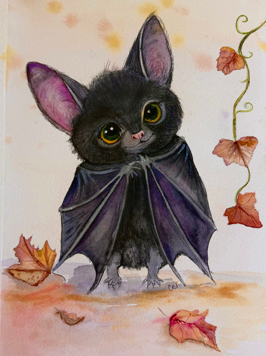 Batinsky, a black watercolor bat with golden-green eyes, large ears and purple wings, standing among autumn leaves beside a curling vine.