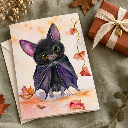 Batinsky greeting card on sage linen beside an envelope and a rust-colored wrapped gift.