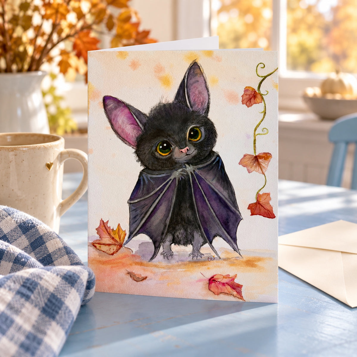 Batinsky greeting card standing on a blue kitchen table beside a cream mug, checked towel and envelope.