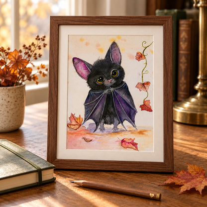 Batinsky print in a walnut frame on a writing desk beside an olive notebook, pencil and autumn leaves.