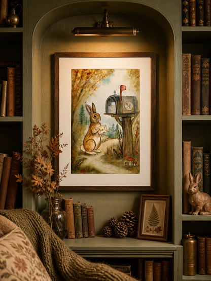 Birch and the Wildbound Letter art print displayed in a moss-green woodland library alcove with old books, pressed leaves, and a warm reading lamp.
