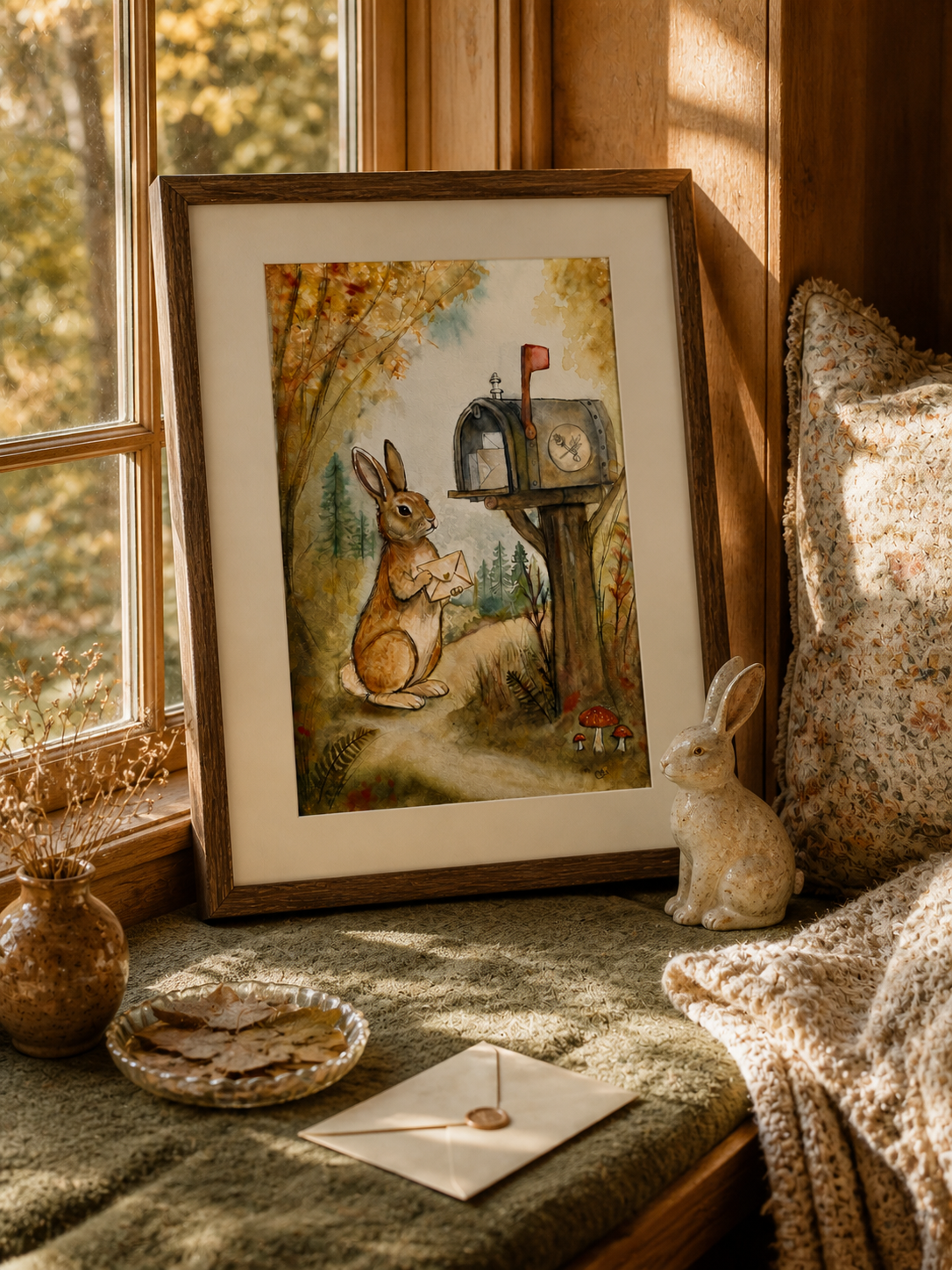 Birch and the Wildbound Letter art print displayed in a warm cottage sunroom window seat with a rabbit figurine, pressed leaves, and golden woodland light.