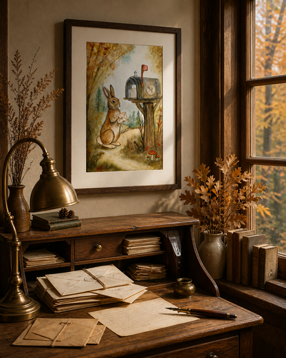 Birch and the Wildbound Letter art print displayed in a warm woodland writing room with letters, a brass lamp, dried autumn branches, and an amber forest view.