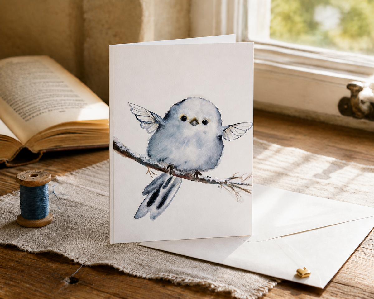 Side-folded Blue Fairy Nestling greeting card with a clearly visible vertical left spine, one envelope, an open book, and blue thread in a sunlit reading nook.