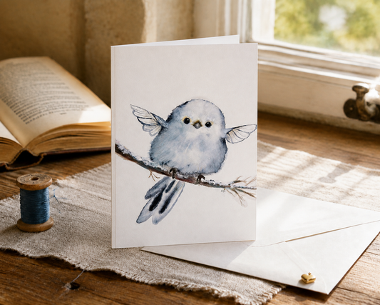 Side-folded Blue Fairy Nestling greeting card with a clearly visible vertical left spine, one envelope, an open book, and blue thread in a sunlit reading nook.
