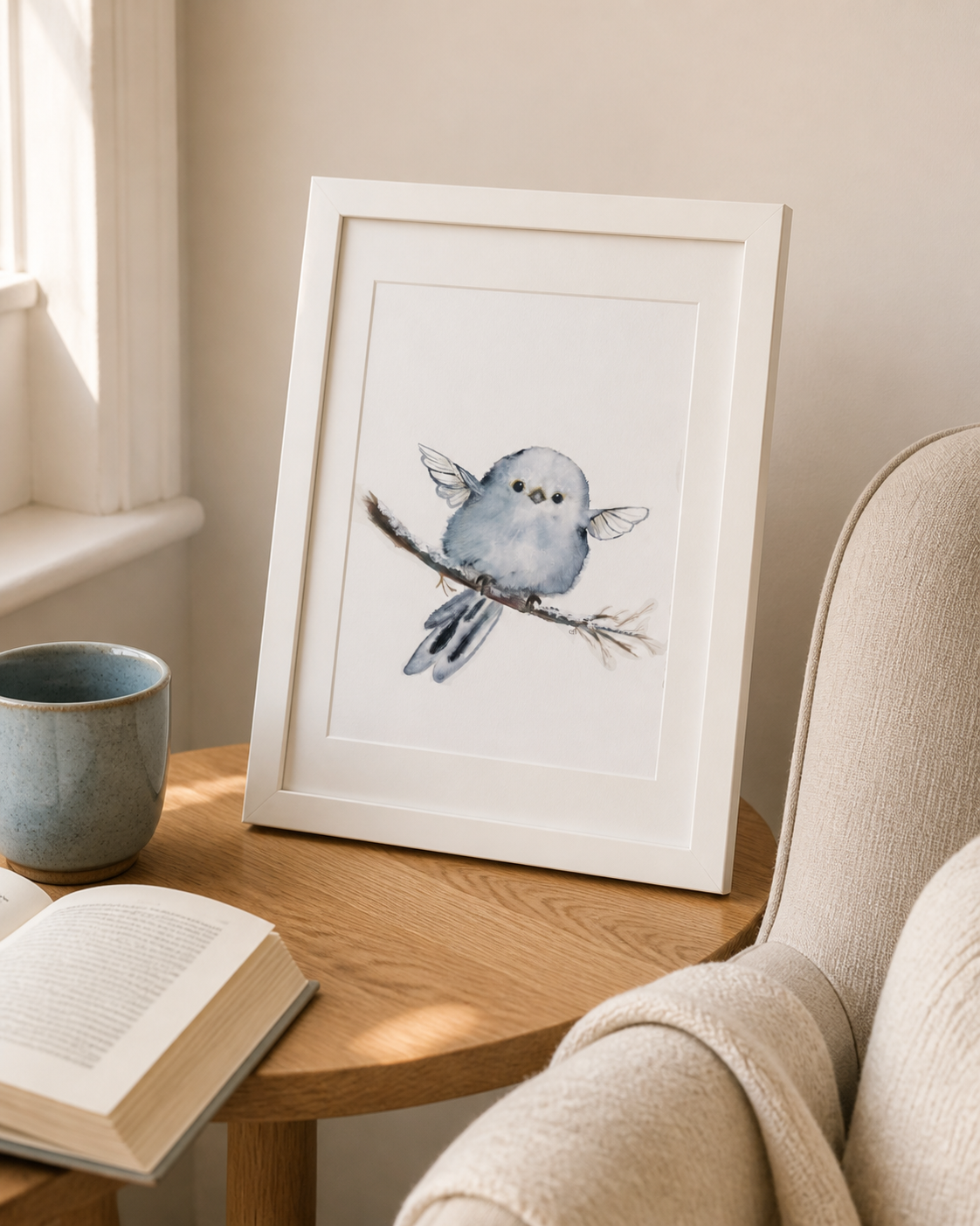 Blue Fairy Nestling art print displayed in a warm reading nook beside an open book and a ceramic cup.